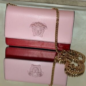 Versace Pink and Red Leather Crossbody with Gold Chain
